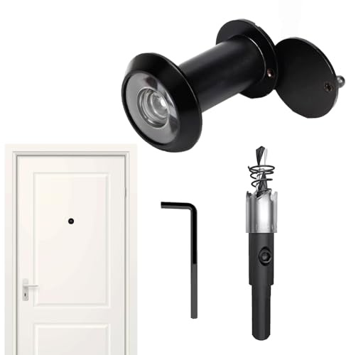 Türspion mit Sichtschutz 200° Weitwinkel Optische Glaslinsen Bohrloch Ø 16mm,mit Bohrer,Einstellbar,Anwendbarer Türstärkenbereich 35–60 mm Zinklegierung & Kupfer (Schwarz)