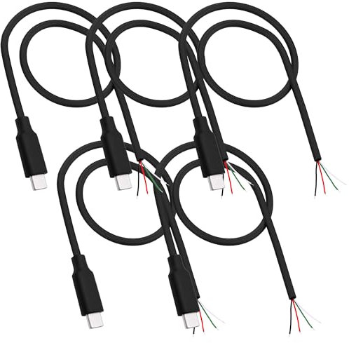 YARCHONN USB Type-C 4 Pin Pigtail Cable, USB C Male Plug to 4 Cores Bare Wire Open End Power Data Cable 5A OTG for DIY Repair- 5Pcs-30cm/11.8in (4 Pin)