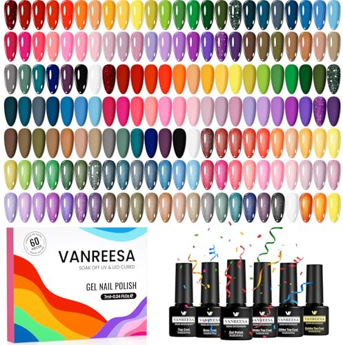 VANREESA 55 Farben U V Nagellack, U V Nagellack Set Komplett mit 1 Unterlack und 4 Überlack Rot Blau Rosa Violett Braun Gel Nägel Set für Anfänger und Nagelliebhaber Geschenk für Frauen