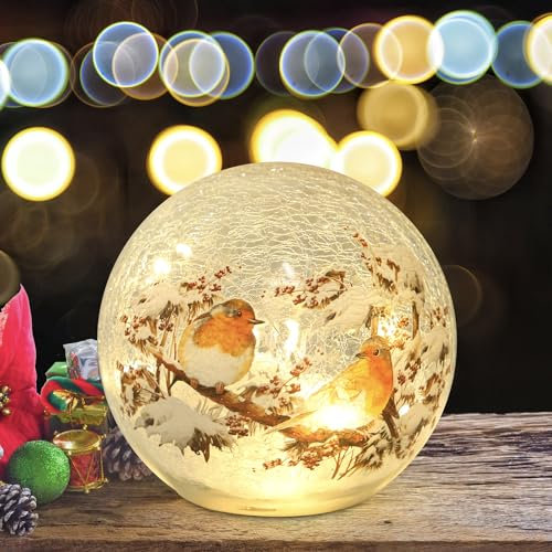 BERSCAH LED Licht Craquelé LED Nachtlicht, Vogel rotes Fruchtzweigmuster, kugelförmige Glastischlampe, Kardinal Nachtlicht für Außendekorationen,Gehwege,Terrassen,Höfe,Rasenflächen,Schlafzimmer