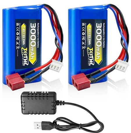 2 Stück 2S Akku, 7,4 V Li-Ion 3000 mAh mit Deans T-Stecker für RC Cars, Boote und Trucks mit 1 x 2-Slot USB-Ladegerät