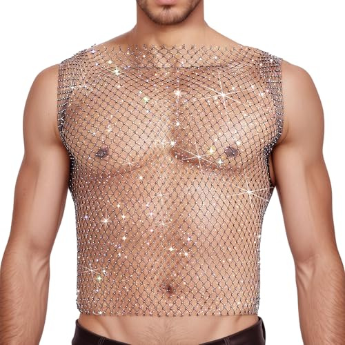 Pluvyze Netzhemd Herren,Netzshirt Herren,Glitzer Oberteil,Mesh Top Glitzer,Kinky-Outfit Männer