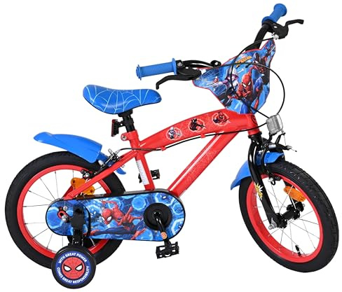 Volare Spider-Man Kinderfahrrad 14 Zoll | 3,5–5 Jahre | 2 Handbremsen, Stützräder, Kettenschutz, Reflektoren | Verstellbare Sattelhöhe | Geschenk für Jungen & Mädchen