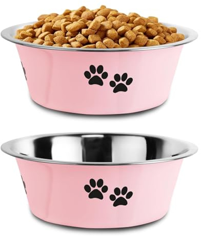 SUOXU Stainless Steel Dog Bowls, Nonslip Rubber Bottom No Spill Proof Skid Metal Insulated Dog Bowls for Large Medium Small Breed Dogs (Pink, L-2020 ml)
