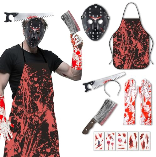 LETSHOLD Costume Carnevale Uomo, Costume Macellaio con Grembiule Insanguinato, Accessori Set per Festa di Halloween Carnevale