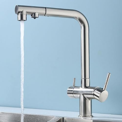 EGSO Rubinetto Lavello Cucina, girevole a 360°, rubinetto a tre vie, rubinetto da cucina 3 in 1 Miscelatore Cucina con Doccetta Estraibile 2 Modalità (Acciaio Inox A)