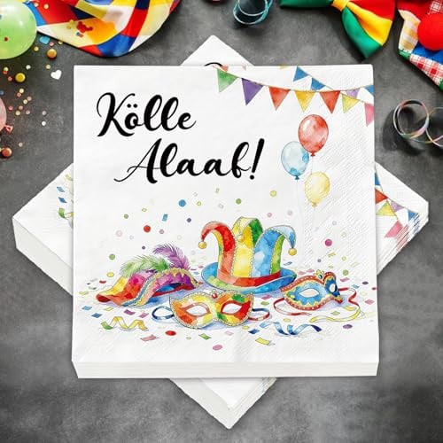 40 Bunte Servietten Fasching, Karneval Servietten 33x33 mit Kölle Alaaf, Perfekt für Tischdeko Fasching/Karnevalsdeko/Faschingsdekoration/Clown Deko/Tischdeko Karneval Dekoration Party