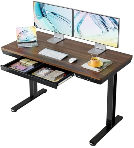 HUANUO ONE PIECE Standing Desk with Drawer, 120x60cm, Black Walnut | Glass or Wood Top, USB-A/C Charging, Pull-out Drawer, 3 Memory Heights, 72-118cm Range, 50k Lift Cycles, Easy Assembly.