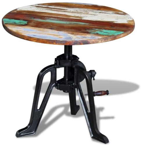 Foknhdi Beistelltisch aus recyceltem Altholz & Gusseisen höhenverstellbar 42-63 cm Industrial Side Table rund Kaffeetisch Sofatisch für Wohnzimmer Schlafzimmer