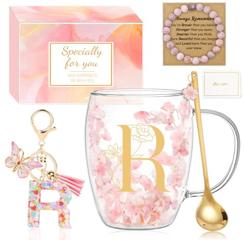 MOTONG Birthday Gifts for Women Glass Coffee Mug, Double Wall Espresso Tea Cups with Letter R Printing, Personalised Gifts for Women Ladies Christmas Valentine's Day Mother's Day with Spoon Bracelet