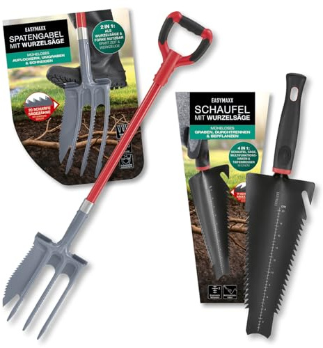 EASYmaxx Pelle à racine 4 en 1 et fourchette bêche 2 en 1 avec scie à racines - Pelle multifonction pour creuser, scier, couper, desserrer et transplanter | Root Digger & Bêche à racines avec poignée