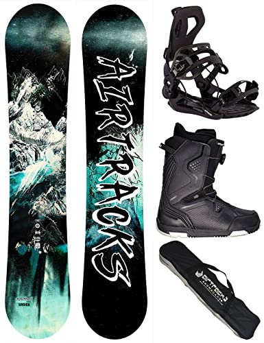 Airtracks Herren Snowboard Set - Under Flat Zero Rocker Snowboard Wide 165 - Softbindung Master - Softboots Strong ATOP 45 - SB Bag