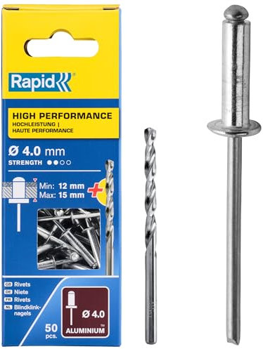 Rapid Blindnieten Aluminium Universal Ø 4mm, 12-15mm Klemmbereich, 50 Stk. Nieten, Set inkl. Bohrer, für Blindnietzangen