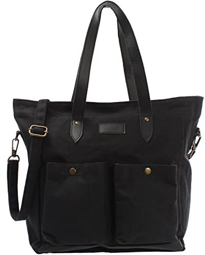 LECONI XL Shopper aus Canvas & Leder Vintage-Style Weekender Umhängetasche große Damen Tasche unisex Schultertasche Handgepäck-Tasche Beuteltasche 35x39x20cm schwarz LE0040-C