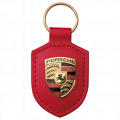 Porsche Schlüsselanhänger, rotes Leder mit Metallwappen, Lieferung in silberfarbener Porsche-Geschenkbox, Originalprodukt