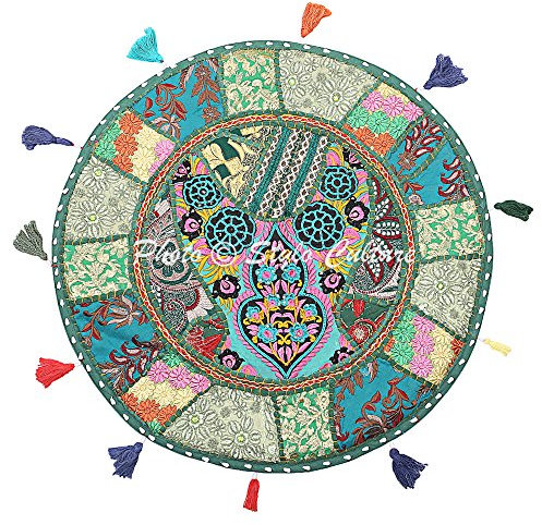 Stylo Culture Étnico Decorativo Ronda Bohemia Cojines De Suelo Infantils Patchwork Fundas De Cojines Navideños Verde Oscuro 55x55 cm Algodón Bordado Vintage Decoración del Hogar Funda De Almohada