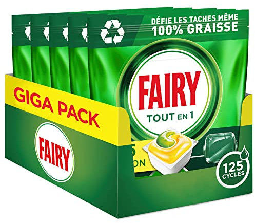 Fairy Original Tablettes Lave-vaisselle All In One, Citron, 125 Capsules (5x25 Pastilles), Efficaces Même Sur La Graisse Incrustée
