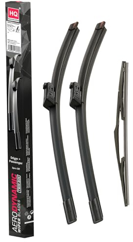 HQ AUTOMOTIVE Wiper Blades FIAT 500 / FORD Ka Mk2 / RENAULT Zoe | 3-piece front, 24 in + 14 in & rear 11-in set, Top Lock 19mm connector, graphite-coated rubber, rain sensor ready