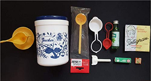 Geschenkidee DDR - Küchenutensilien Zuckerdose , Eierbecher , 2 Deckel , Haarnetz , Tubenroller , Pfeffi , Kaffeelöffel , Bonbons , Kaubonbon