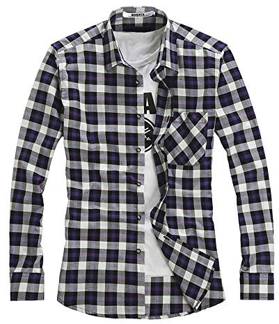 Aeslech Camicie Casual Uomo Abbottonato in Flanella a Quadri a Maniche Lunghe, T103 Viola Bianco, L
