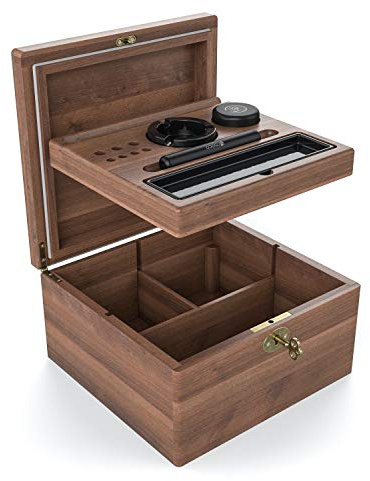 Cooco Aufbewahrungsbox aus Akazienholz luftdichte und feuchtigkeitsbeständige Box inkl. waschbarem luftdichtem Etui Behälter und Stash Rolling Tray mit Telefonständer abschließbare Box Walnuss-Optik