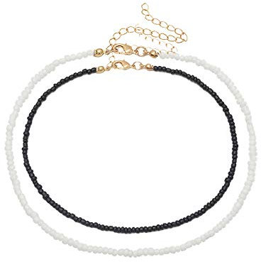 2 StüCk Boho Perlen Choker Halskette Einfache Einzelschicht Kette FüR Damen, Schwarz Und Weiß, Ideal FüR Alltag Und Partys