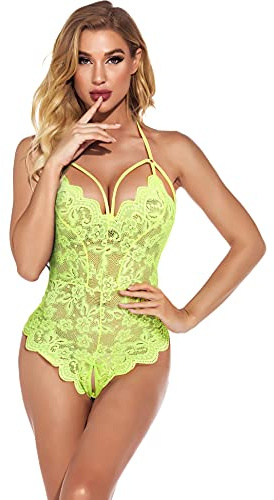 EVELIFE Women's Adult Floral Lace Bodysuit One Piece Teddy Lingerie Transparent Deep V (Fluorescent Green M)
