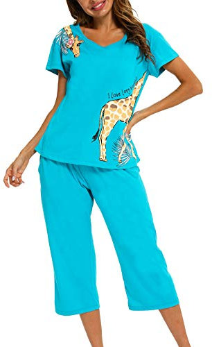 ENJOYNIGHT Schlafanzug Damen Kurz Pyjama Set Kurzarm Top mit 3/4 Lang Schlafhose Zweiteiliger Nachtwäsche S-3XL (X-Large,Blaue Giraffe)