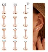 CASSIECA 12 Stück Edelstahl Lippenpiercing Stud Labret Piercing für Frauen Männer 16 Gauge Kugel Zirkon Opal Labret Schwarz Silber Ohrstecker Knorpel Helix Tragus Ohrringe Lippe Piercing, 6mm 8mm