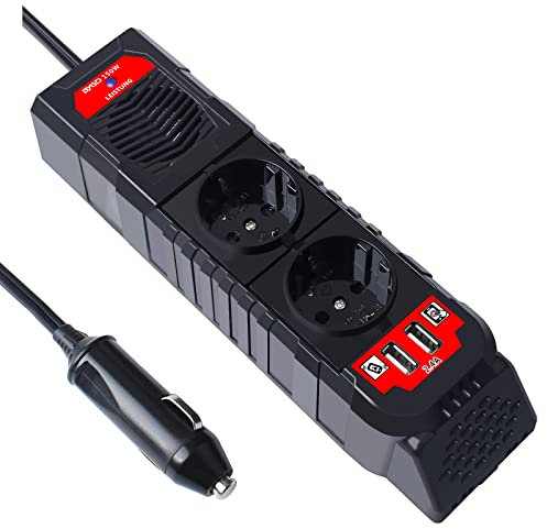 150W Inverter Auto, Convertitore Tensione Automatico DC 12V a 230V AC con 2 Prese Ricarica 2 Porte USB 2,4 A Inverter Accendisigari Auto
