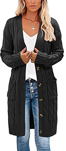 Earnmore Womens Long Cardigan Cable Knit Sweater, Long Sleeve Open Front Button Sweater Coats Outerwear with Pockets for Fall Winter (Black, X-Large)