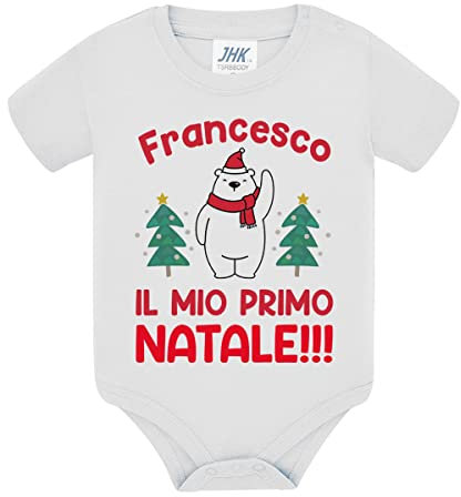 Gattablu Body neonato neonata Il mio primo Natale, personalizzato con il nome di bimba o bimbo! Orsetto e alberi! (3 mesi)