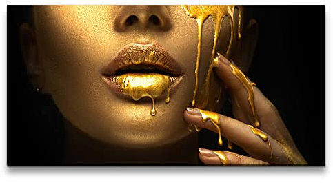 Paul Sinus Leinwandbild 120x60cm Junge Frau Model Make-Up volle Lippen fließendes Gold
