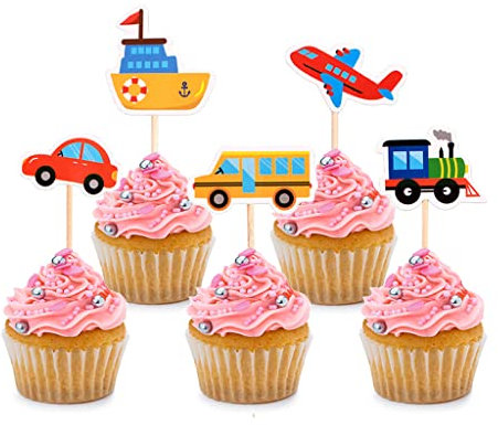 25 PCS Transportation Car Bus Train Plane Ship Cupcake Toppers for Transportation Theme Party Birthday Party Wedding Baby Shower Driver Anniversary Party Cake Dessert Decorations Supplies Picks
