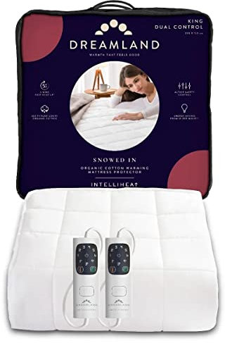 Dreamland Electric Mattress Protector King Size – Snowed In Organic Cotton, Fitted Sheet style, Fast Heat-Up, Timer with 6 Heat Settings, 2 x Detachable Controllers, Machine Washable, 200 x 150cm