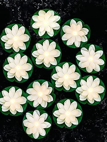 Hortsun 12 Pcs Floating Lotus Lights with Batteries Lily Pads Pool Flowers Floating Candles Decor Artificial Pond Plants Decorations for Pool Pond Outdoor Indoor (White,5.91 Inch)