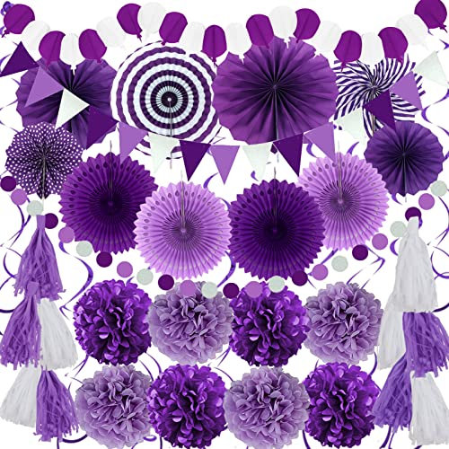 ZERODECO Decoración para fiestas, 41 unidades, color morado, decoración de fiesta, guirnalda de pompones de papel para cualquier edad, cumpleaños, despedida de soltera, niñas, despedidas de soltera,
