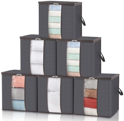 Lifewit 6 Stück Groß Aufbewahrungsbox mit Deckel, 90L Aufbewahrungstasche für Bettdecken Kleidung Aufbewahrung Schrank Kleiderschrank Organizer, faltbare Umzugskartons für Decken Kleider, Grau