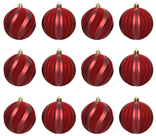 Weihnachtskugeln Kunststoff 8cm x 12 Stück Streifen Christbaumkugeln geriffelt Bordeaux Ochsenblut