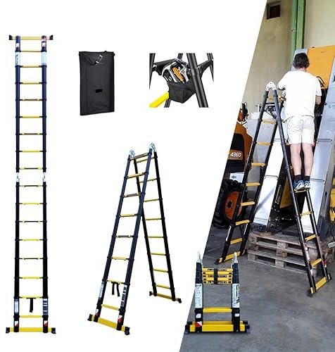 Escabeau-échelle télescopique Woerther 2 Fonctions - 3m80/1m90 - Modèle GRAFITEK - Doubles Barres stabilisatrices- avec Housse et Sac Porte Outils - Garantie 5 Ans