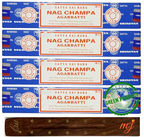 M & J Original Satya Nag Champa Agarbatti Räucherstäbchen | mit M&J Räucherstäbchenhalter | 4er-Pack | für Aromatherapie, Spa, Yoga, Hochzeiten, Meditation, Heilung, Positivität und Entspannung