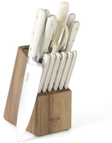 MARTHA STEWART Eastwalk 14-teiliges Messerblock-Set, aus hochwertigem Karbonstahl, mit ABS, dreifach geriffelter Griff, Akazienholz, Weiß