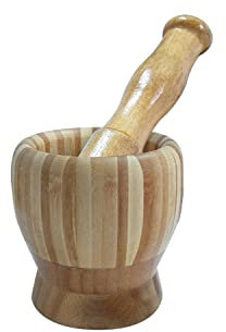 Juego de mortero con mazo de bambú, pequeño mortero de cocina con mortero, molinillo de especias y brotes, mortero resistente. Dimensiones: 10 x 10 cm
