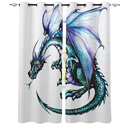 SJSXWQN Gardinen Blauer Drache Vorhänge mit Ösen Vorhang Blickdicht Thermo Verdunklungsvorhänge Schiebegardinen für Schlafzimmer Wohnzimmer H 138 x B 117 cm 2er Set
