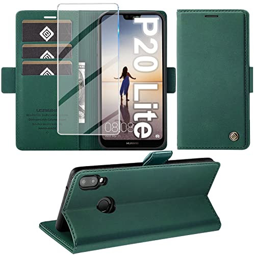 Giyer Handyhülle für Huawei P20 Lite Mit Displayschutzfolie, PU Leder Wallet Flip Case Cover, Standfunktion, Kartenfach, Klapphülle Lederhüllen (Grün)