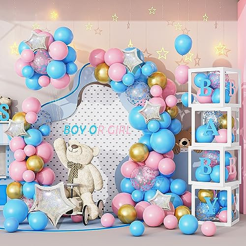 136Stück Gender Reveal Party Deko Baby Boxen Blau Rosa Luftballon Girlande Mädchen Junge BABY Buchstaben(A-Z)Boy or Girl Ballon Box Sternballon für Hochzeit Geburtstag Kinder Baby Shower Dekorations