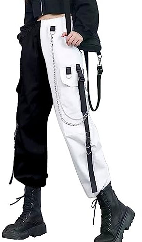 Gothic Cargo Hosen Frauen Streetwear Schwarz Hohe Taille Hosen Weibliche Harajuku Koreanischen Stil Goth Hosen Oversized, 04 - schwarz weiß, XXX-Large