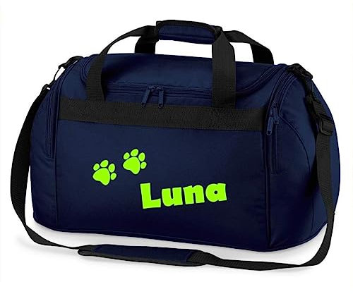 minimutz Sporttasche mit Pfoten | Personalisiert mit Namen | Sporttasche für Tierliebhaber Kinder | Hundetasche für die Tierpension | Reisetasche und Urlaubs-Tasche für Tiere (dunkelblau)