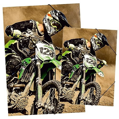 itenga Set Zeichenmappe DIN A3 und Sammelmappe DIN A4 mit Motiv - Gummizugmappe Sammelmappe - für Kinder Jugendliche Schüler Mädchen Jungen (Set A3 und A4 Motiv Motocross)