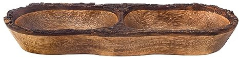 Divit Shilp Natural Wooden Tray, Serving Bowl for Salad, Veggies and Fruits, Large Deep Tray for Family, Party. (Bark Edge with Two Compartments)